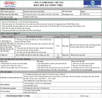 Mô tả công việc Bảo hành-bảo trì máy